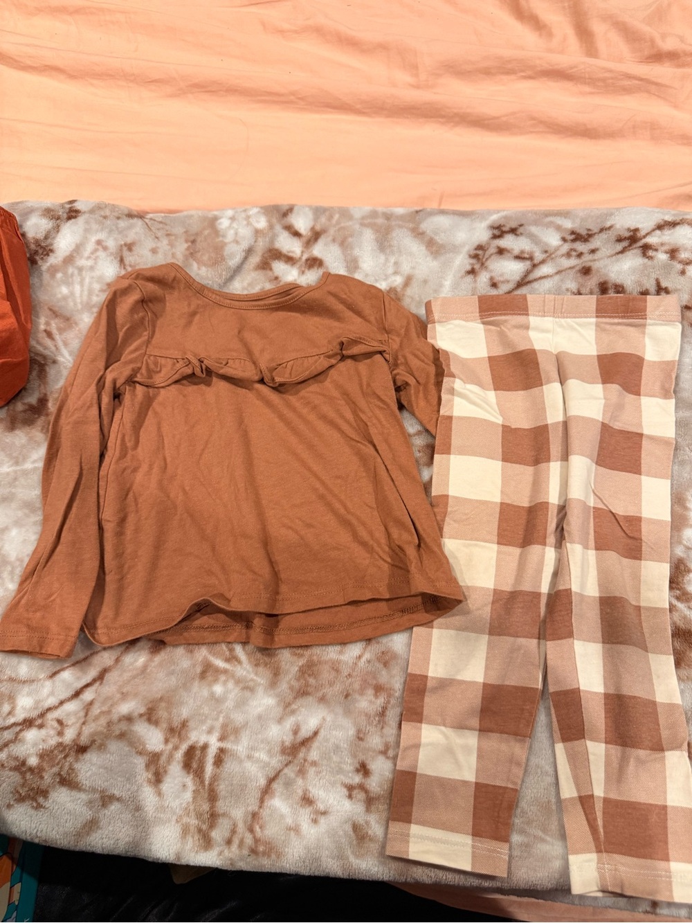 Girls' Long Sleeve Ruffle Top and Plaid Leggings Pajama Set - Rust
